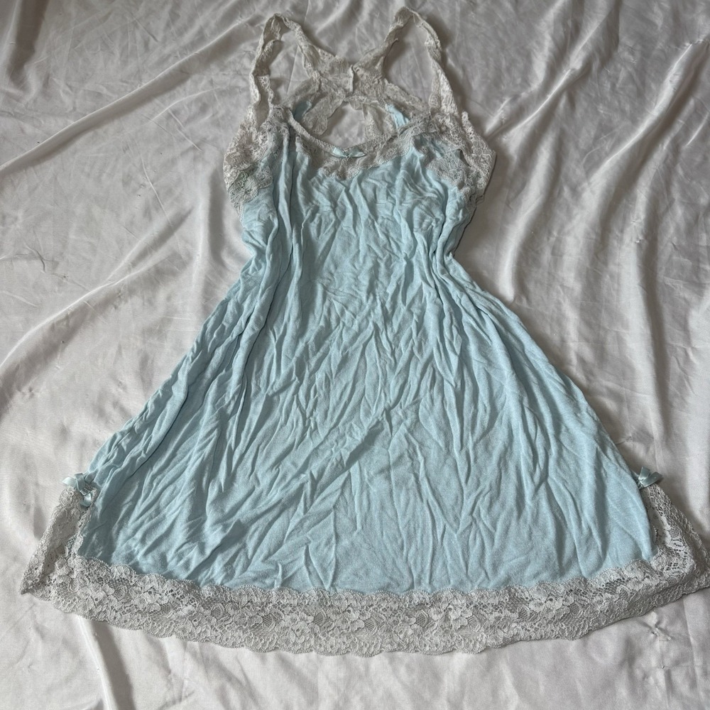 Honeydew Intimates Blue Lace Trim Slip Dress L Soft Stretch Chemise